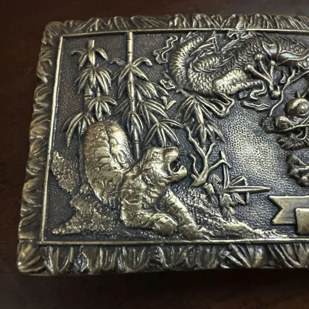 VTG Brass Tiger Dragon Belt Buckle 3X2 in Asian Chinese Fantasy Statement Biker